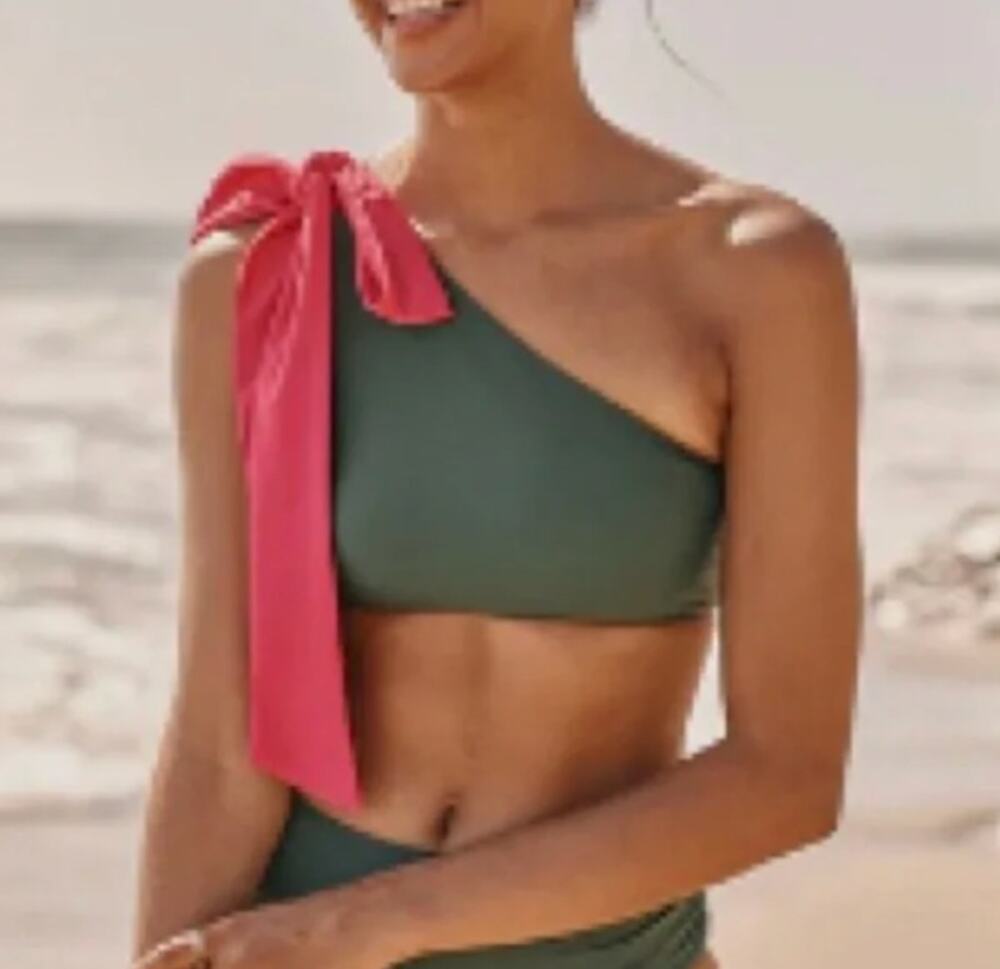 SUMMERSALT Tie-Shoulder Swim Top - Olive & Pink, Size 12